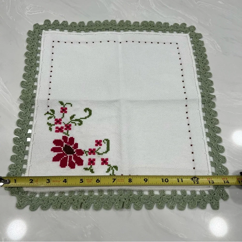 Hand made Floral Embroidered Green Crochet Edge Tablecloth Cottagecore